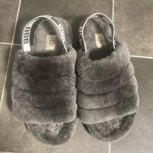 UGG Slipper Sandal Womens 8 Gray Fluff Yeah Slide Slingback Faux Fur Casual